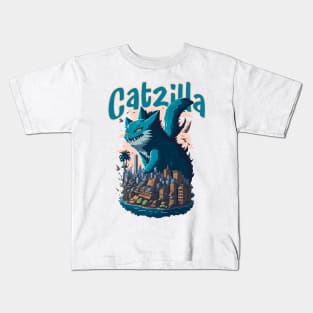 Catzilla Unleashed Funny Cartoon-Style Feline Kids T-Shirt